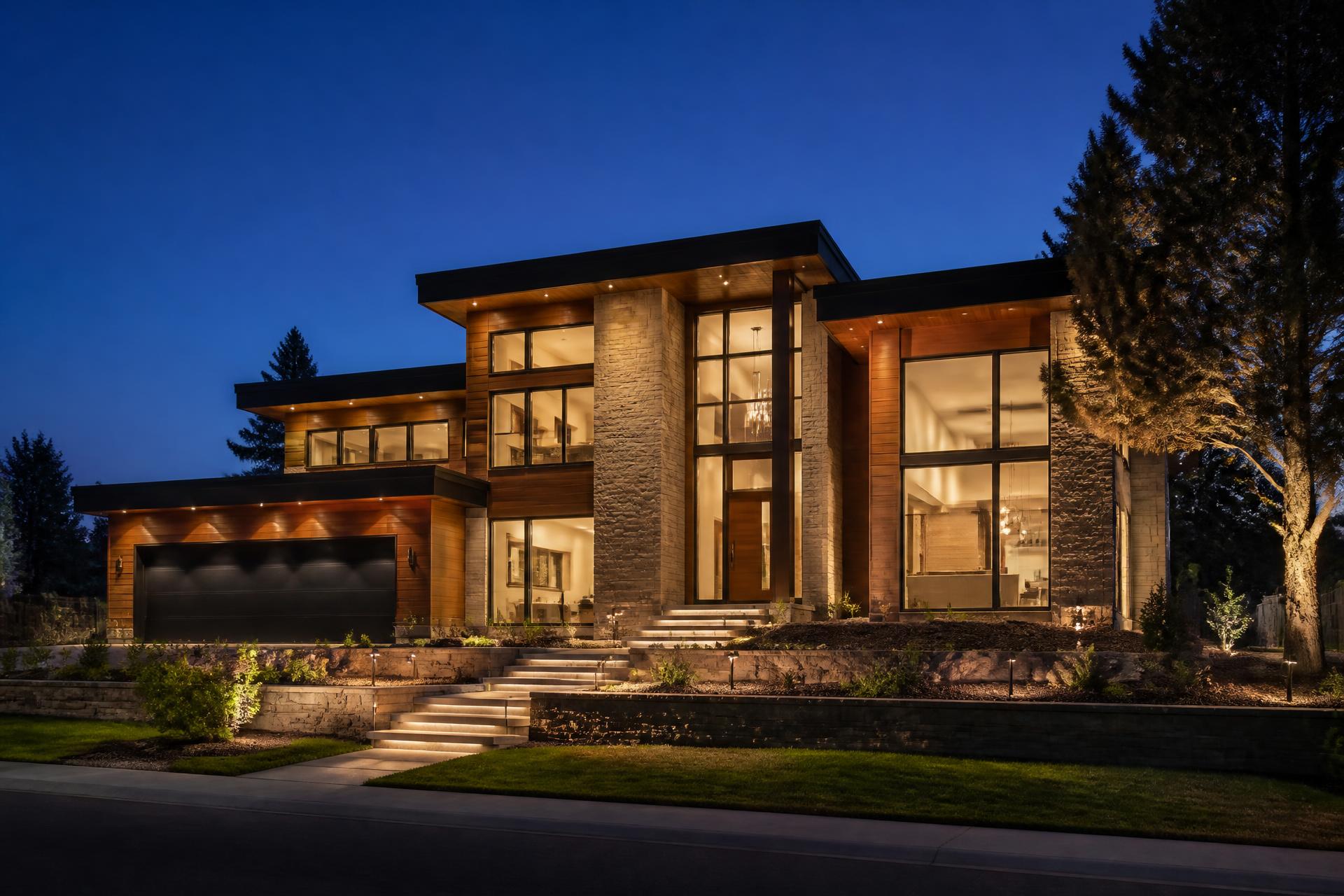 Cinematic tour of a modern luxury residence at twilight with warm interior lighting