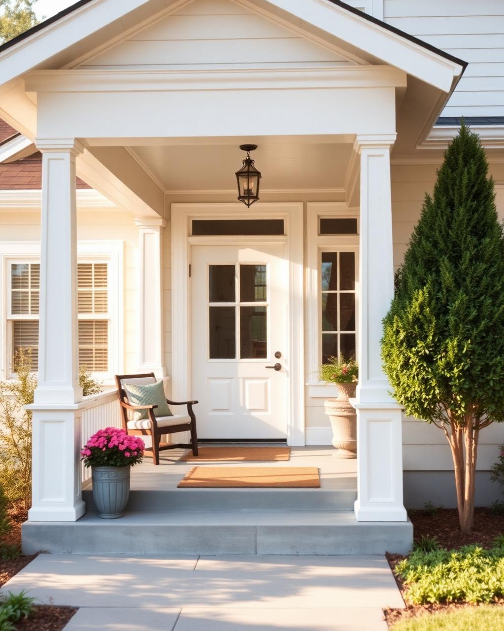Craftsman home with a white covered front porch in morning light