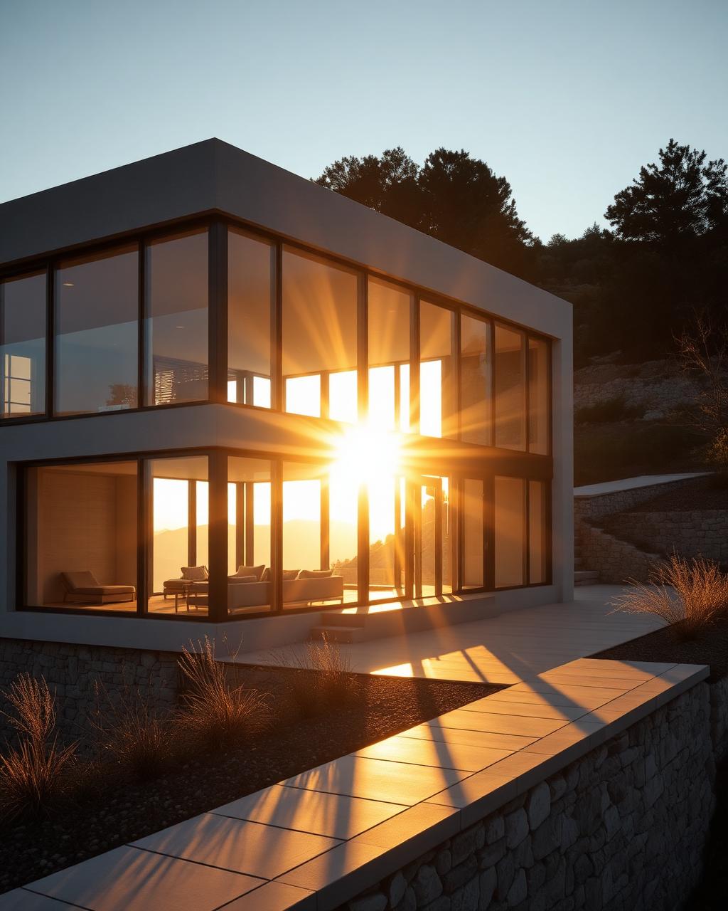 Contemporary hillside home with large glass windows at golden hour